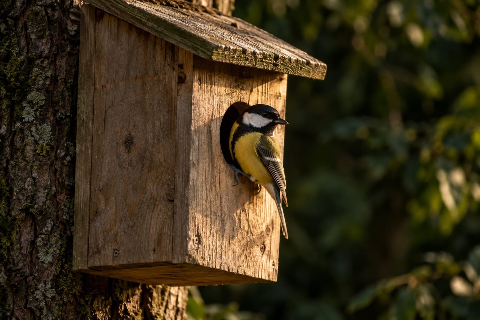 Nichoir en bois brut fixé à un tronc, trou d'envol au premier plan, mésange charbonnière posée sur le bord dans une lumière dorée