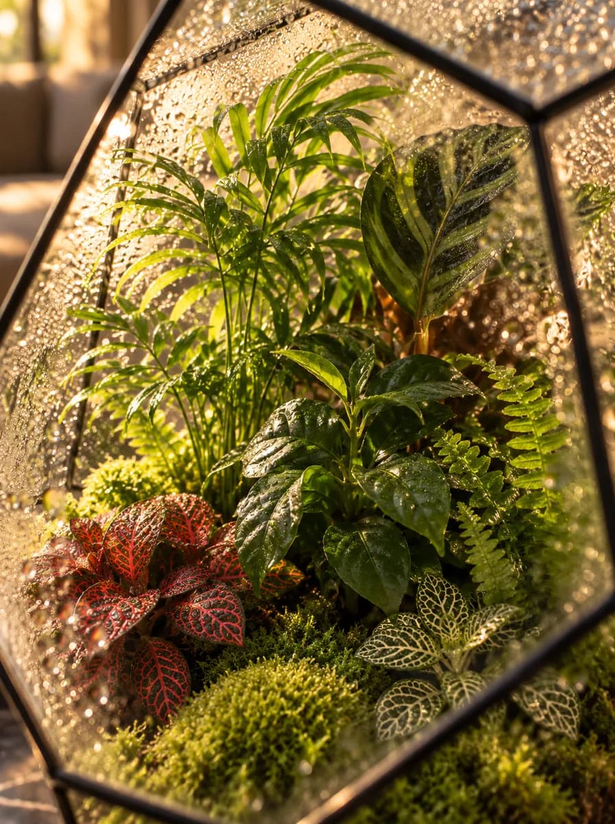 Primer plano de las plantas de un terrario Prisme, detrás del vidrio