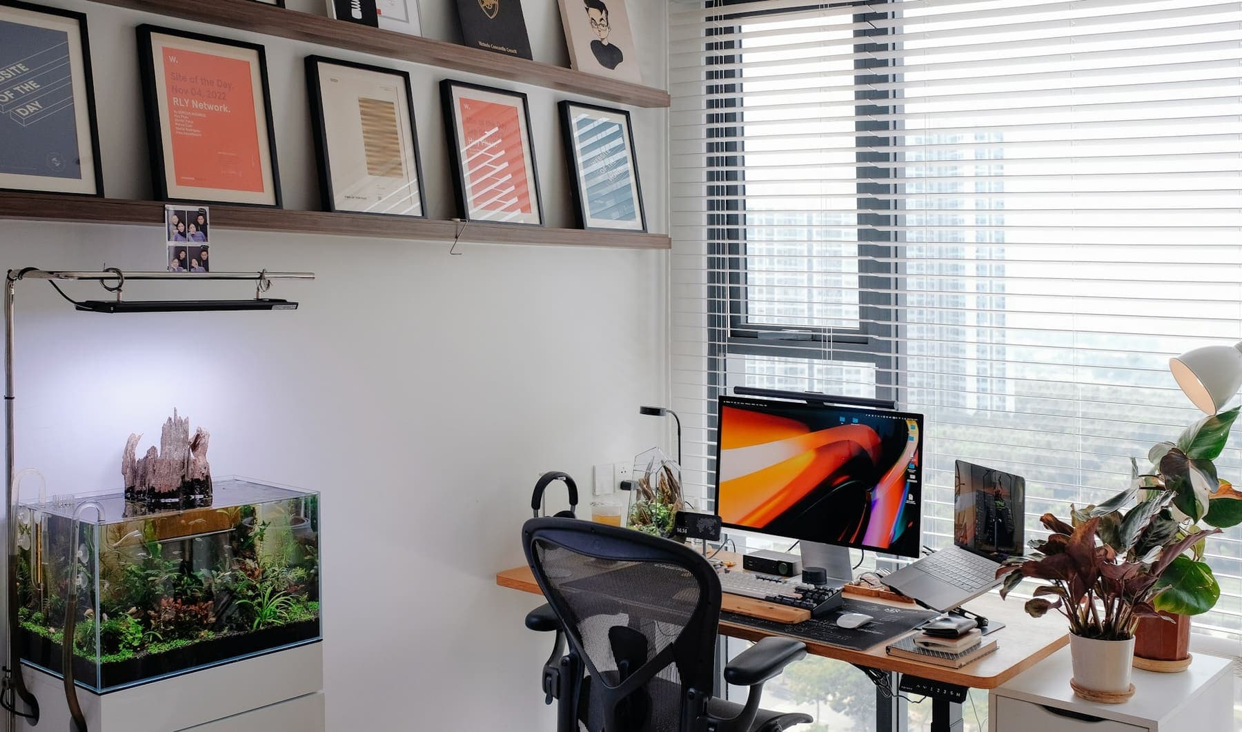Aquascape posé sur un bureau lumineux face à la fenêtre