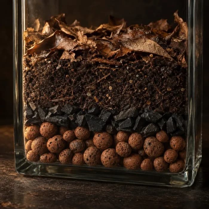 Les couches d'un terrarium : billes d'argile, charbon, terreau et mousse