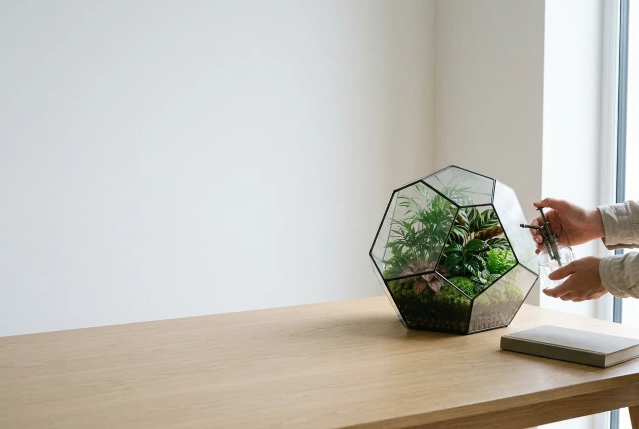 Terrario geométrico de vidrio facetado de la colección Prisme, con plantas vivas