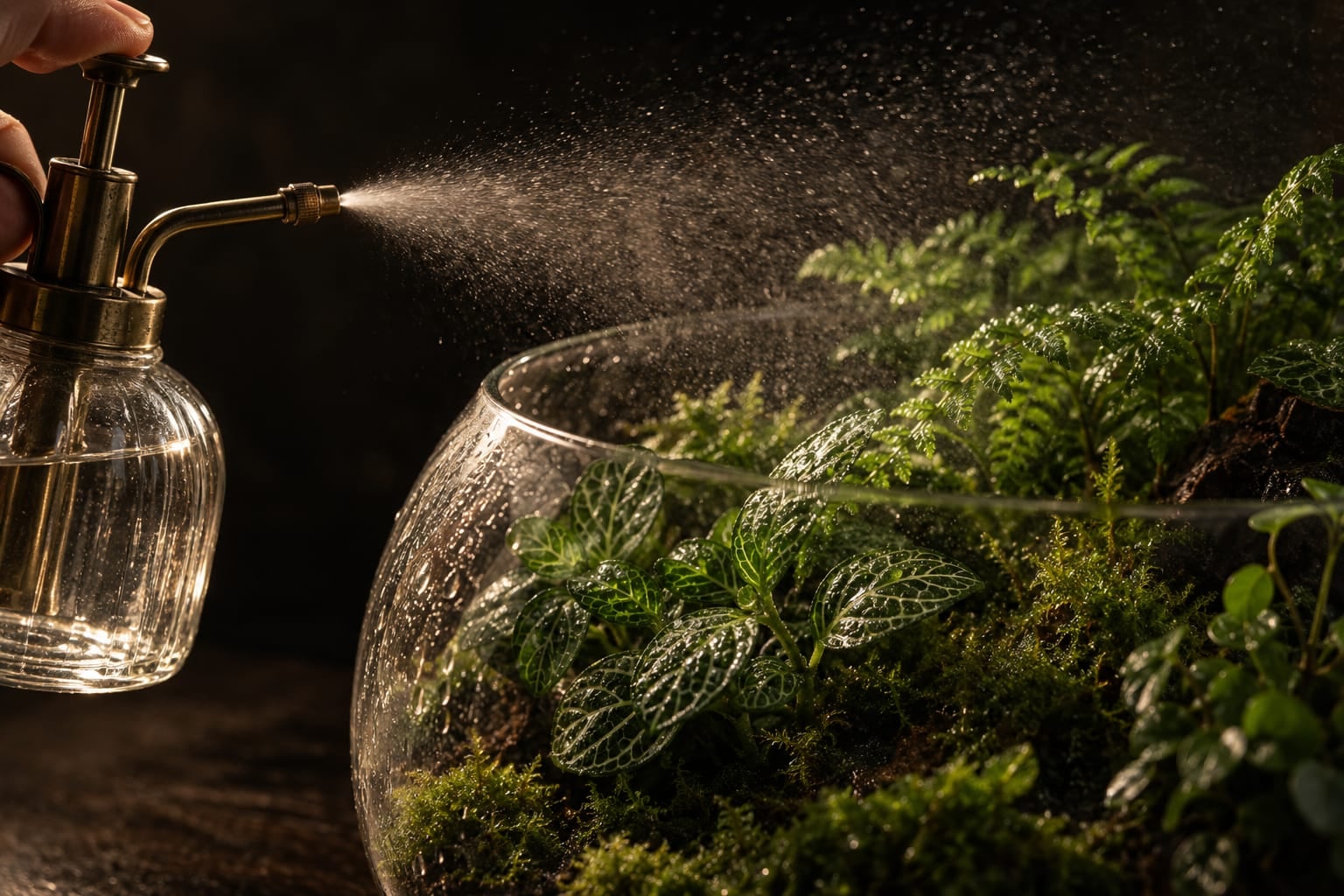 Brumisateur en verre qui pulvérise une fine brume dans un terrarium ouvert, gouttelettes prises dans la lumière