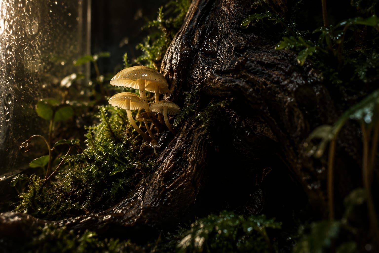 Petits champignons jaune pâle sortis d'une racine de bois dans un terrarium fermé, vus en gros plan
