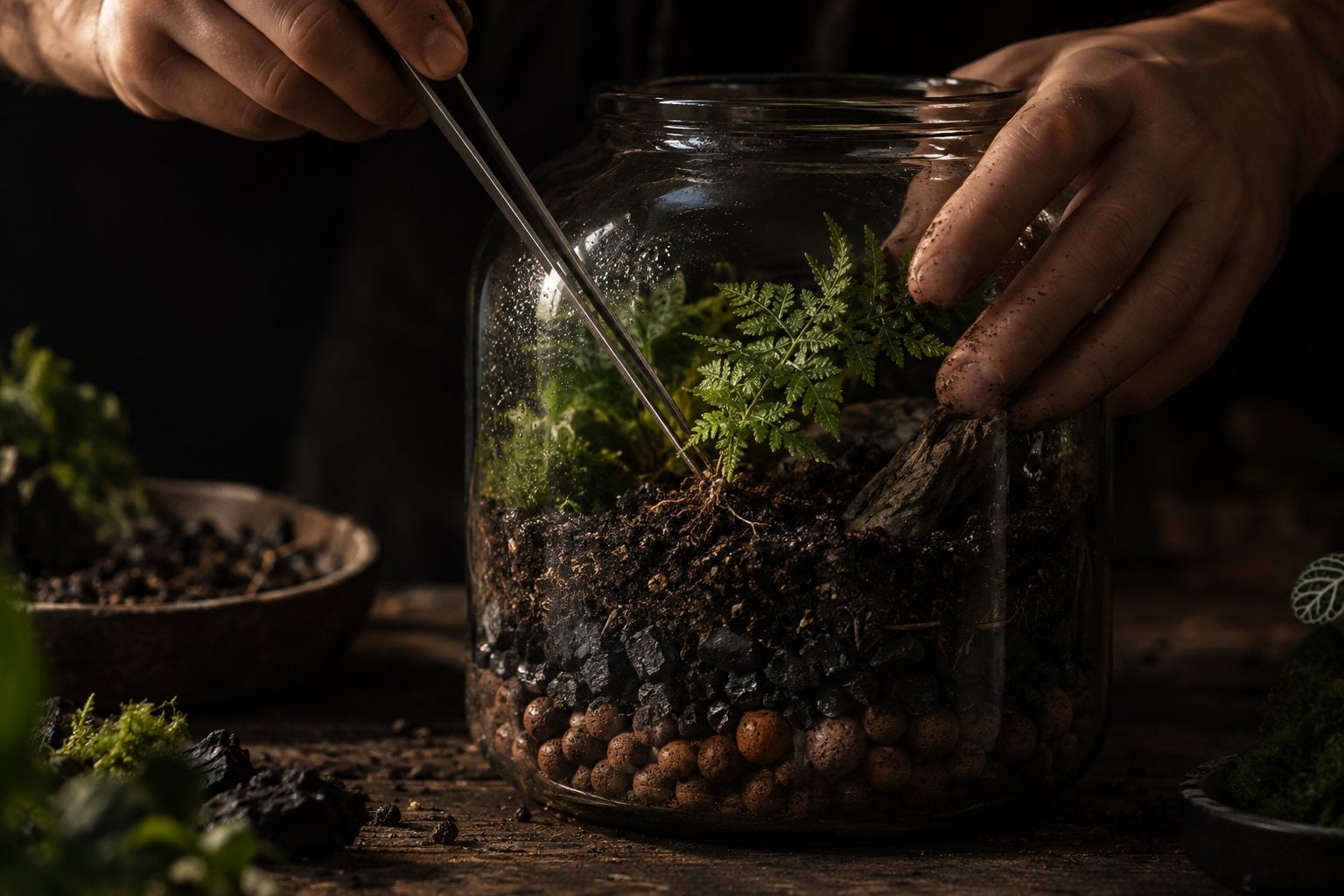 Mains qui plantent une petite fougère à la pince longue dans un bocal en verre, couches de billes d'argile, charbon et terreau visibles