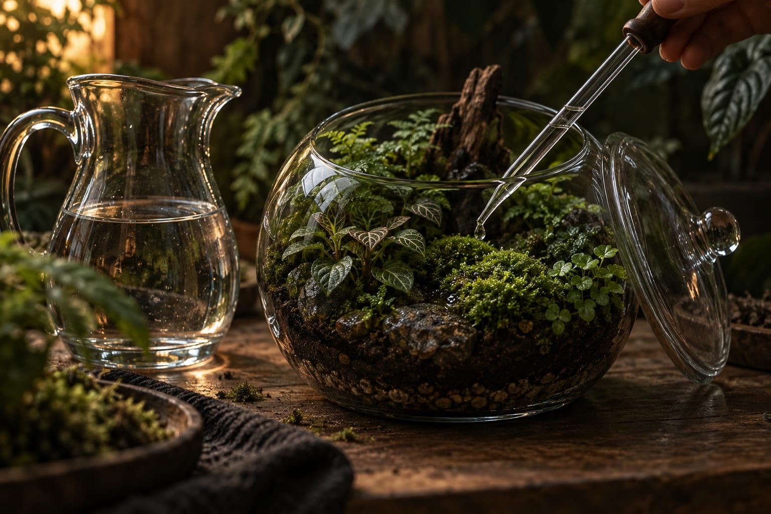 Pipette apportant de l’eau au pied des plantes dans un terrarium ouvert