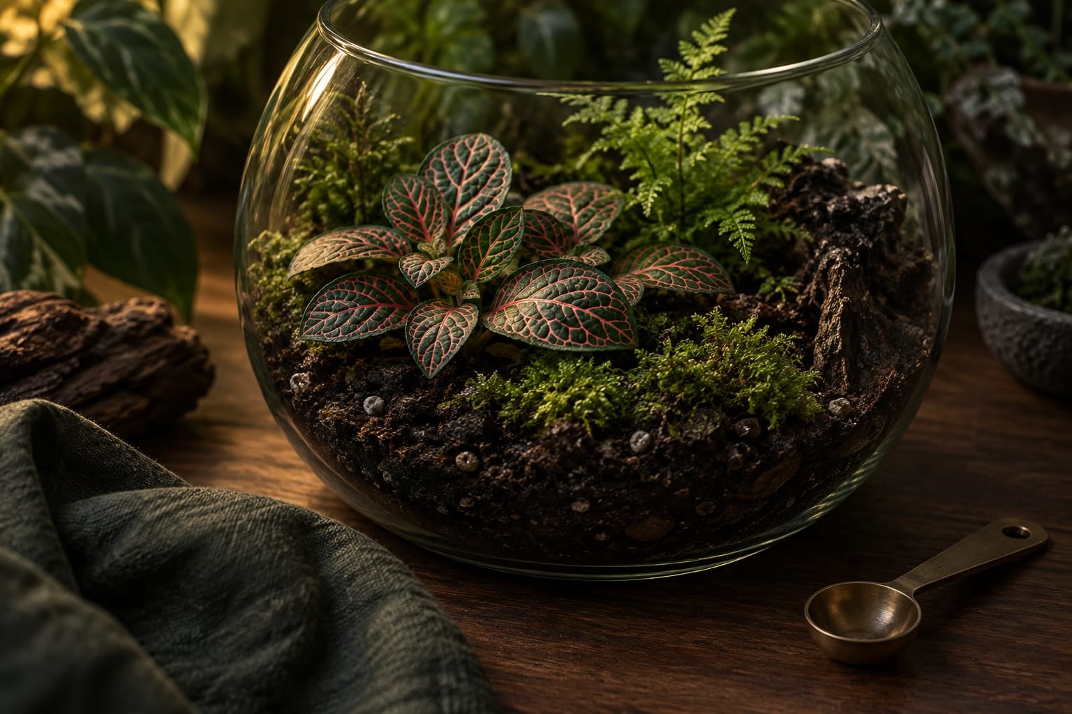 Fittonia et fougère sur un substrat sombre, avec une cuillère de mesure à côté du bocal