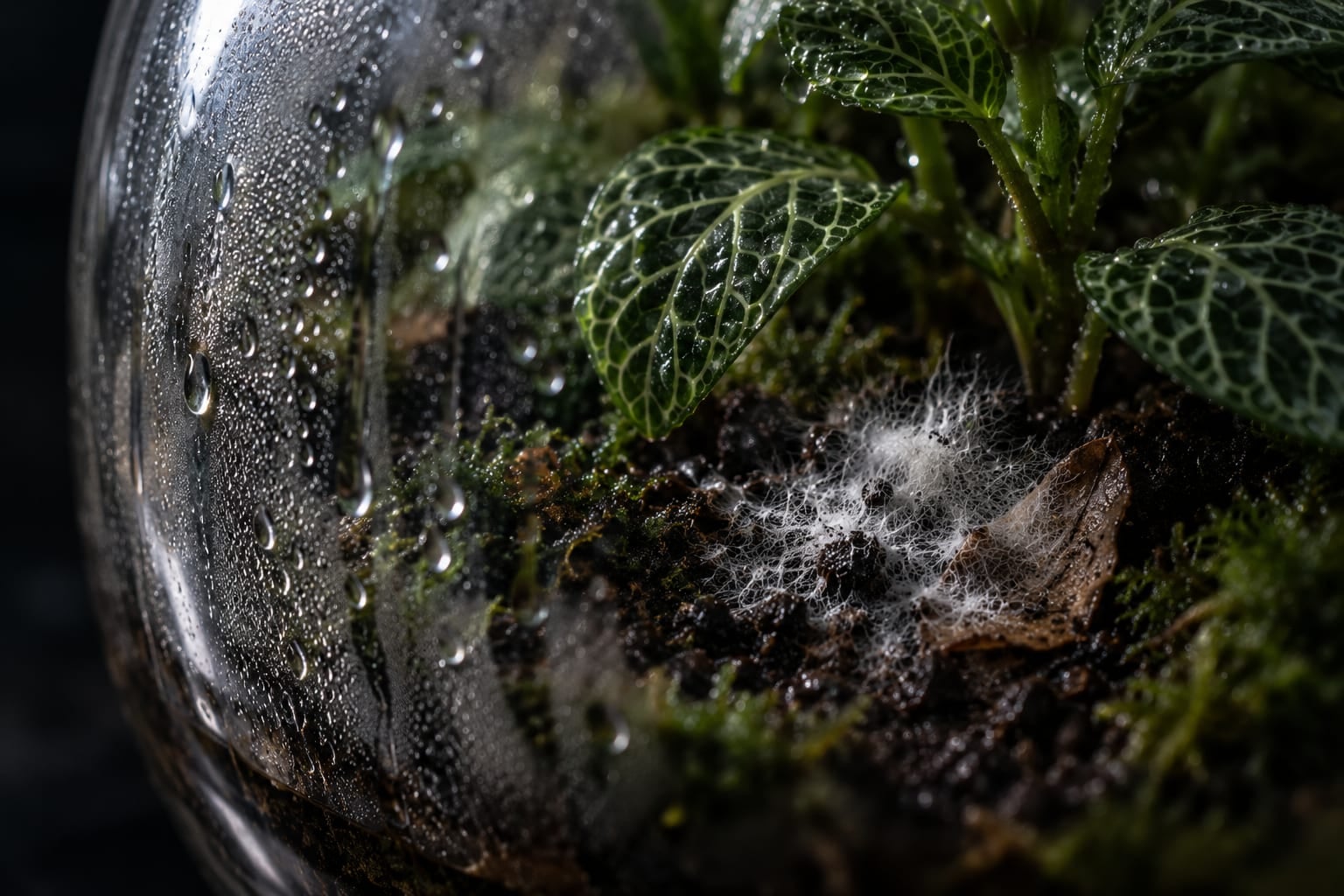 Voile blanc de moisissure sur le substrat d'un terrarium fermé, vu à travers le verre couvert de buée