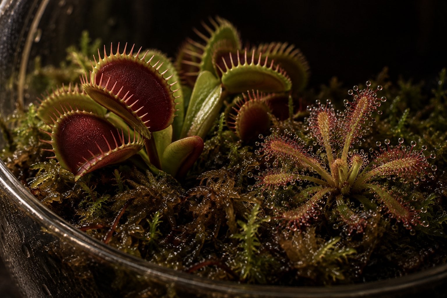 Dionée aux pièges rouges ouverts et drosera aux gouttelettes brillantes sur sphaigne humide, dans un terrarium ouvert