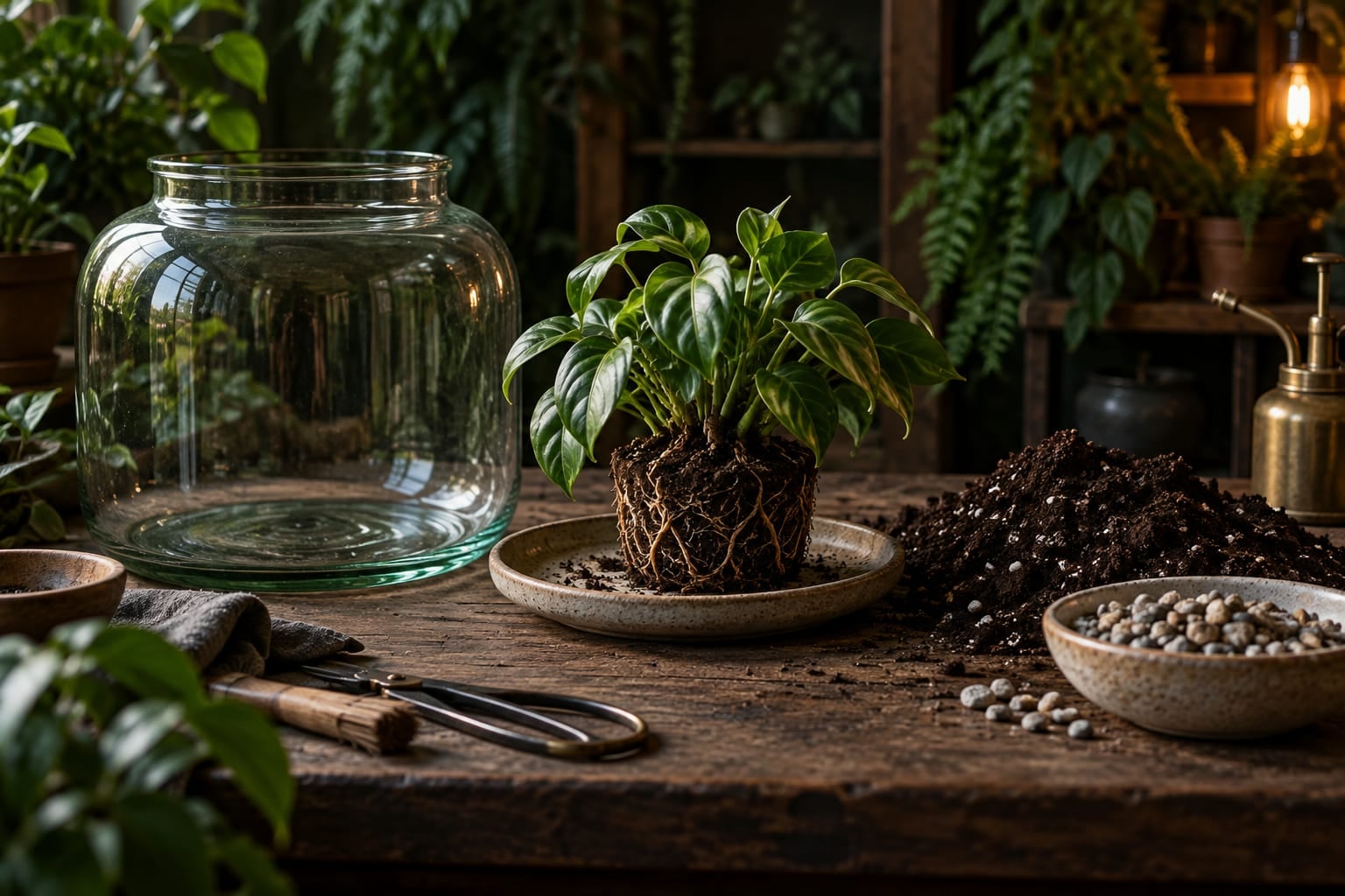 Plante et motte sorties du terrarium, à côté du bocal vide et du substrat neuf