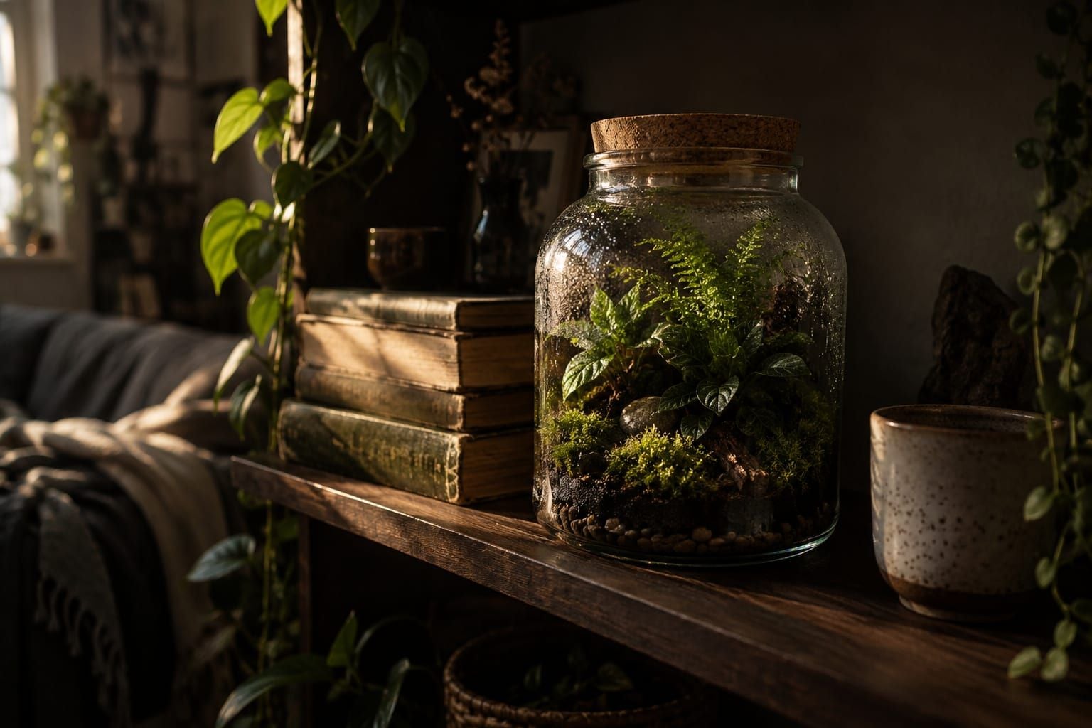 Terrarium fermé posé sur une étagère d'un petit appartement, entre des livres, devant une fenêtre claire
