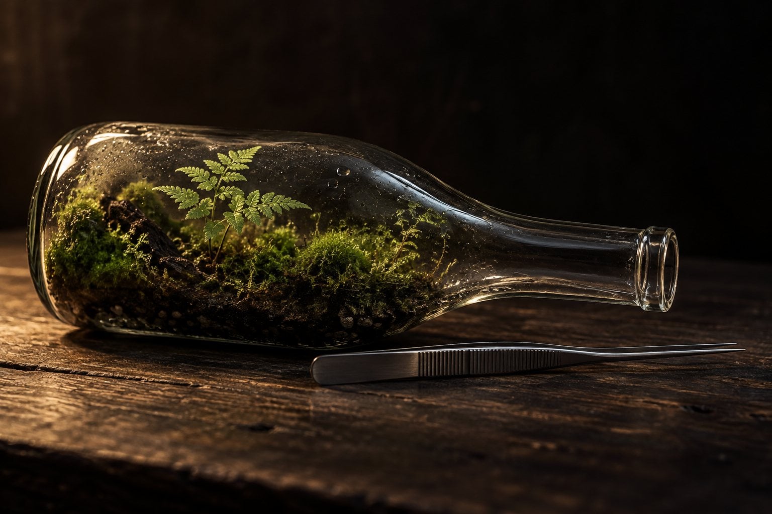 Terrarium dans une bouteille en verre couchée, mousse et petite fougère à l'intérieur, longue pince posée devant le goulot