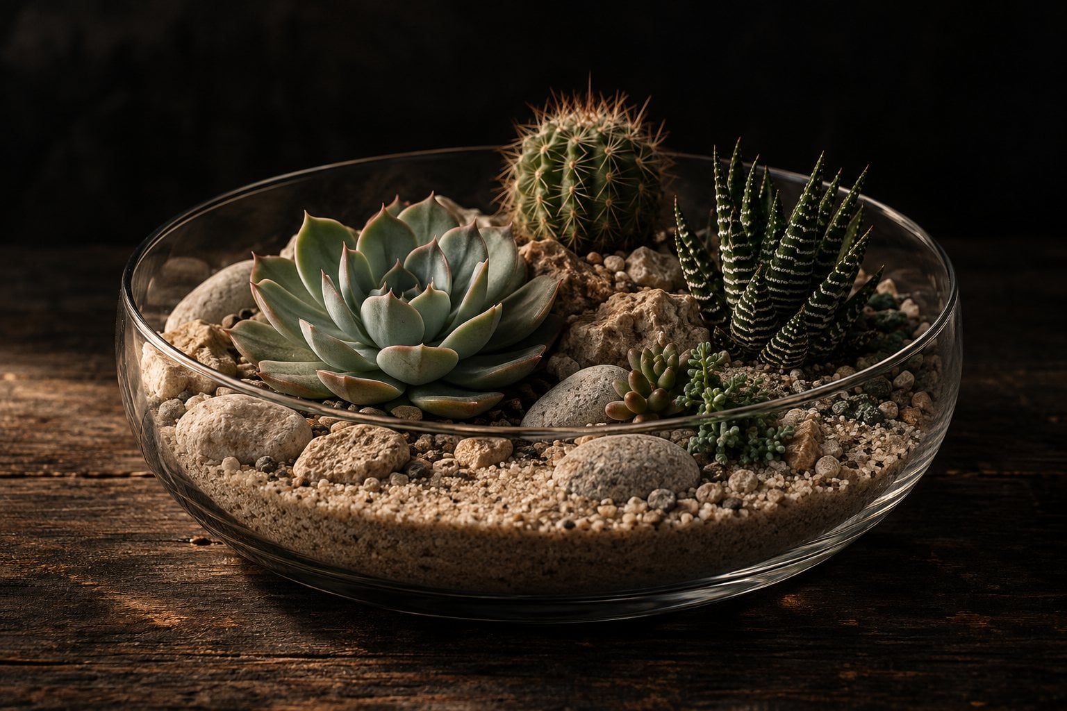 Coupe en verre basse avec echeveria, haworthia et petit cactus sur sable clair et galets