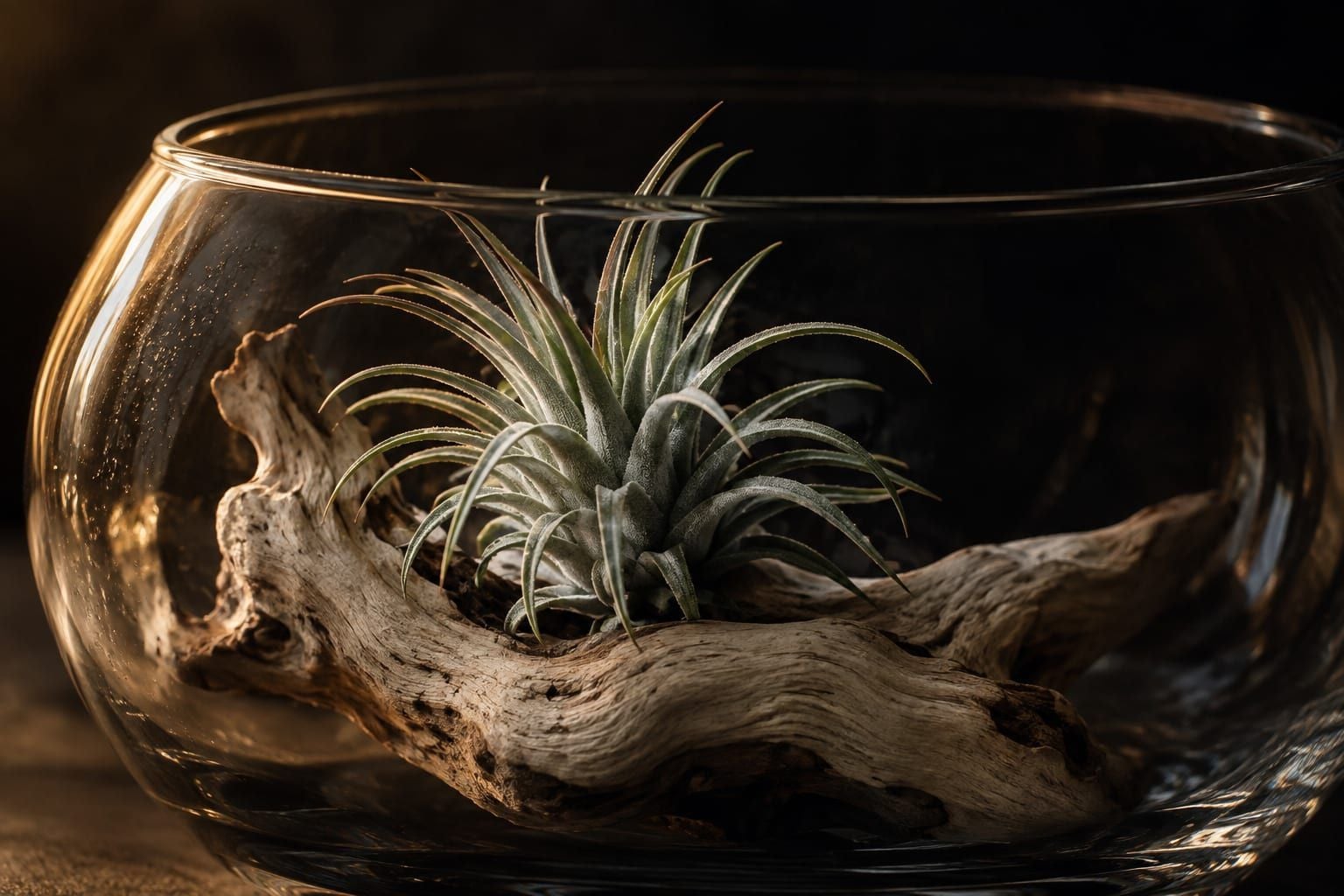 Tillandsia ionantha argenté posé sur une racine de bois, dans un contenant de verre ouvert