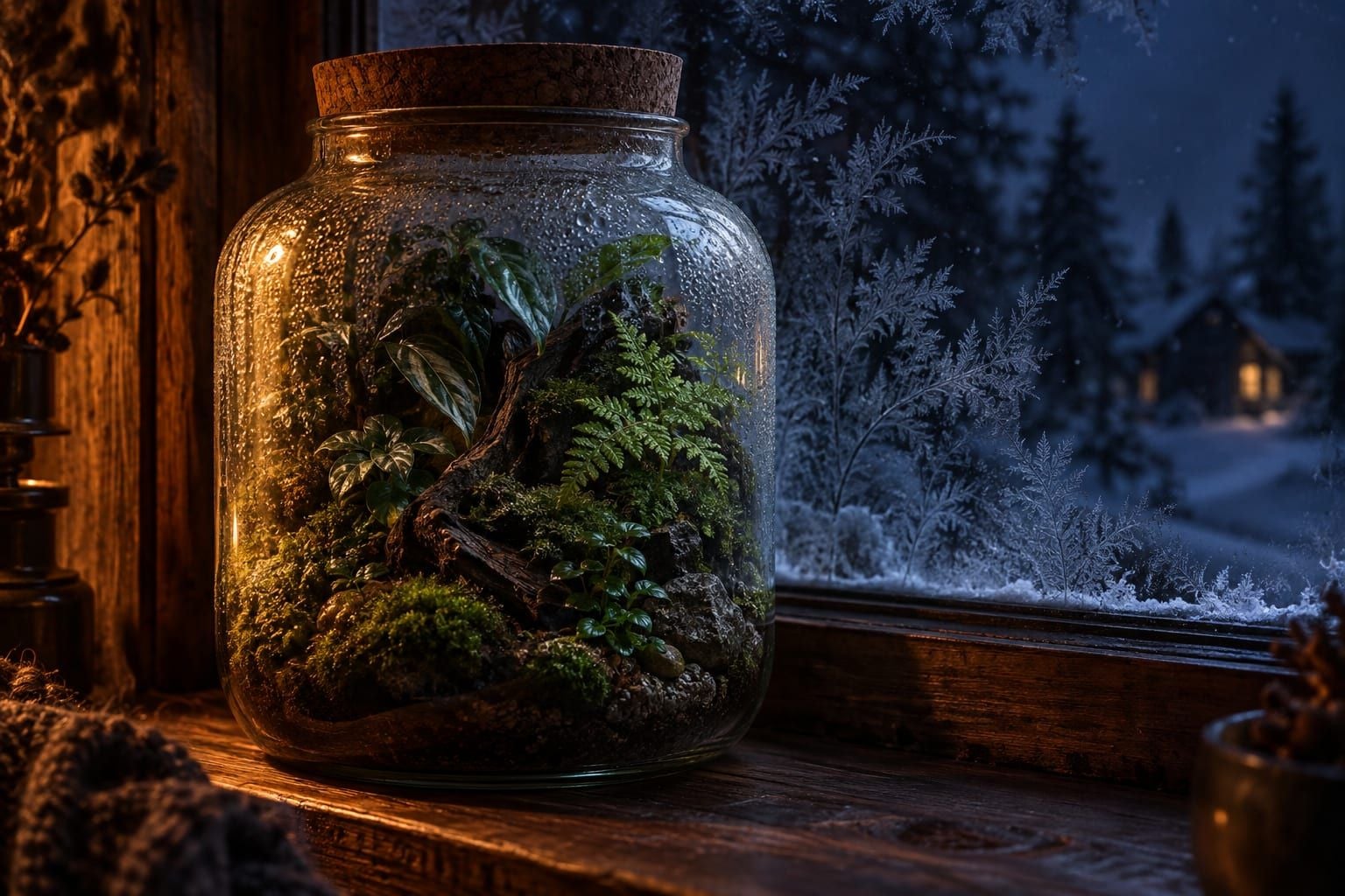 Terrarium fermé posé sur un rebord de fenêtre givré, buée figée sur le verre, feuillage assombri