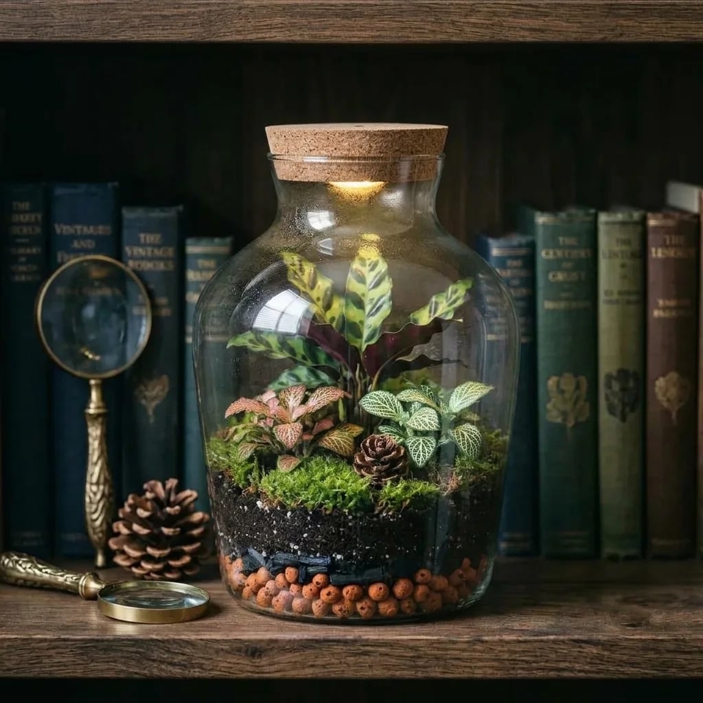 Kit terrarium Sous-bois taille M — Small Eden, Terrarium Sous-bois monté, LED allumée, sur une table de chevet à côté de livres et d'une lampe (image d'illustration)