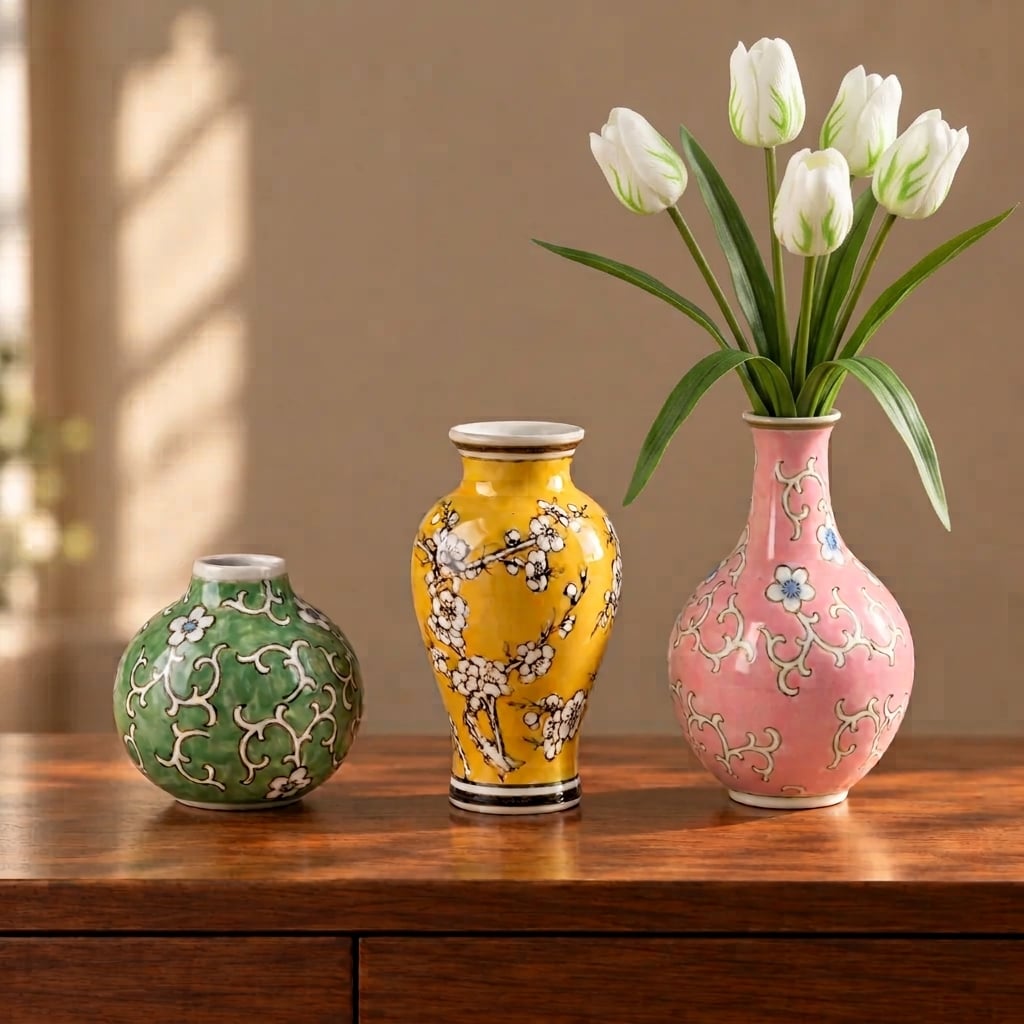 Mingus — trío de jarrones de diseño amarillo, rosa y verde