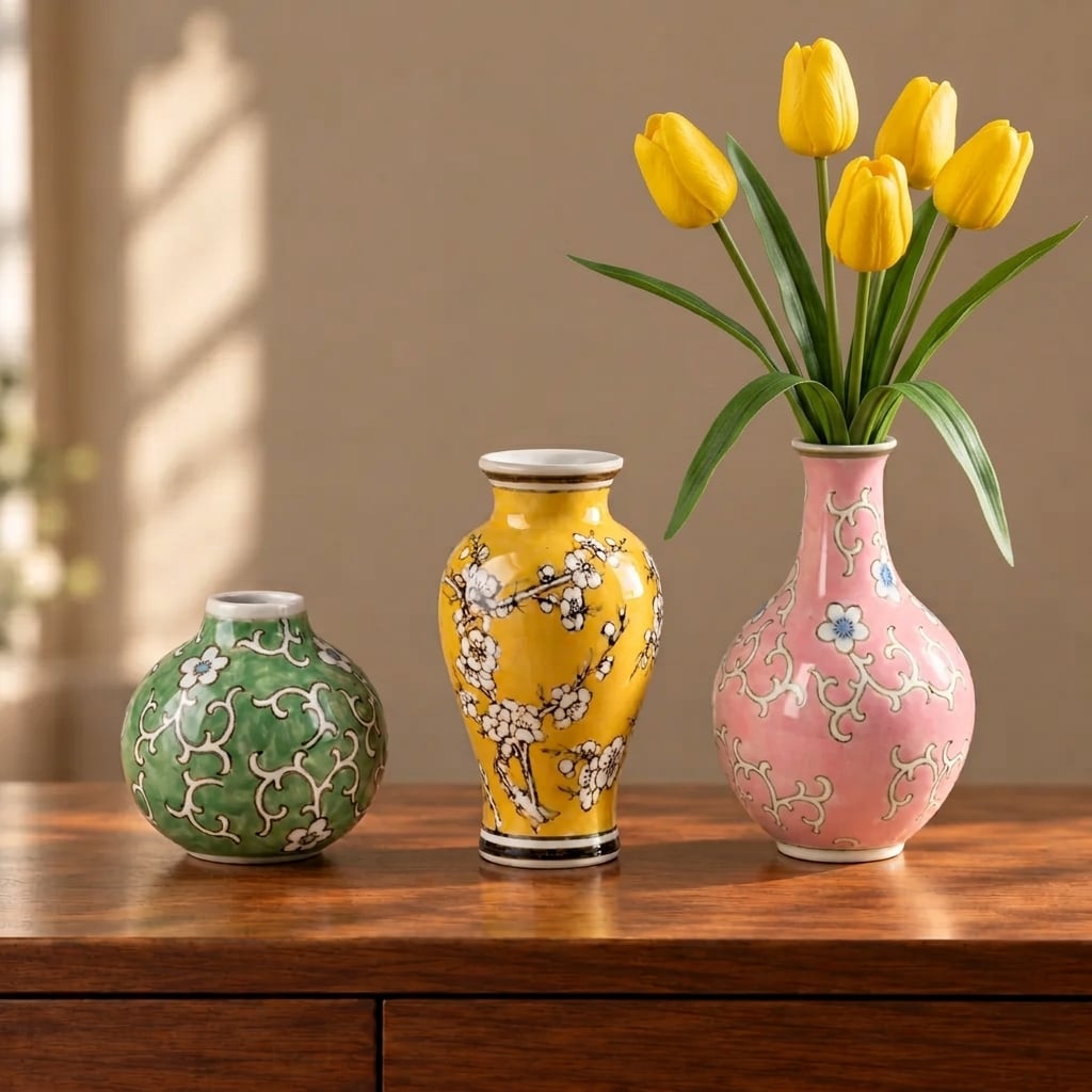 Mingus — trío de jarrones de diseño amarillo, rosa y verde