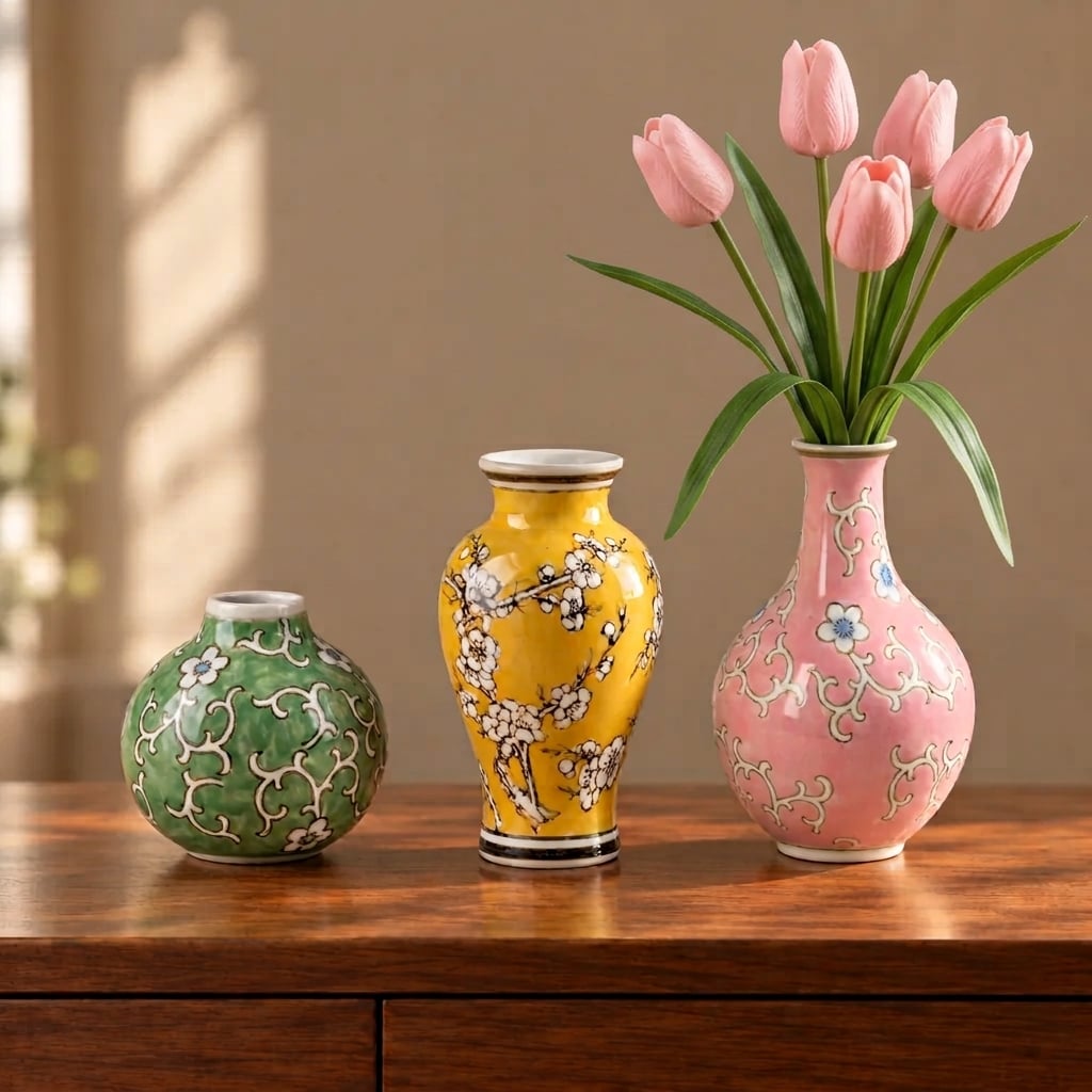 Mingus — trío de jarrones de diseño amarillo, rosa y verde