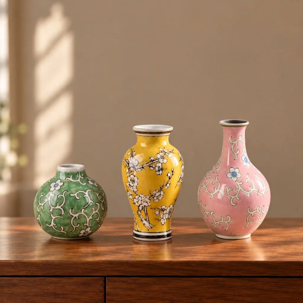 Mingus — trío de jarrones de diseño amarillo, rosa y verde