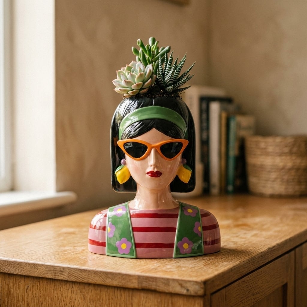 Madame 70's — jarrón con cara de diseño y sus 3 suculentas