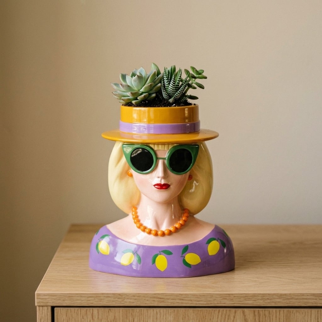 Madame 70's — jarrón con cara de diseño y sus 3 suculentas