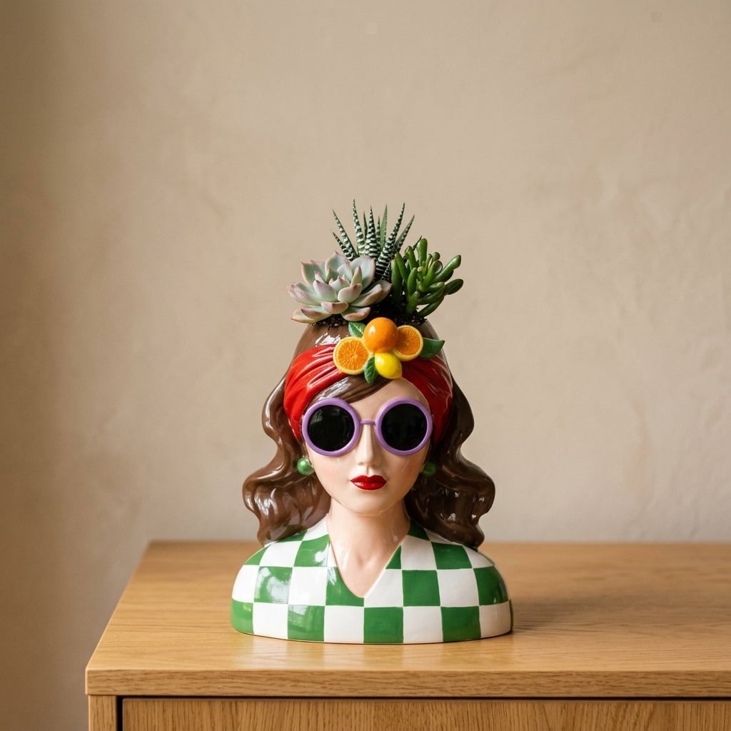 Madame 70's — jarrón con cara de diseño y sus 3 suculentas