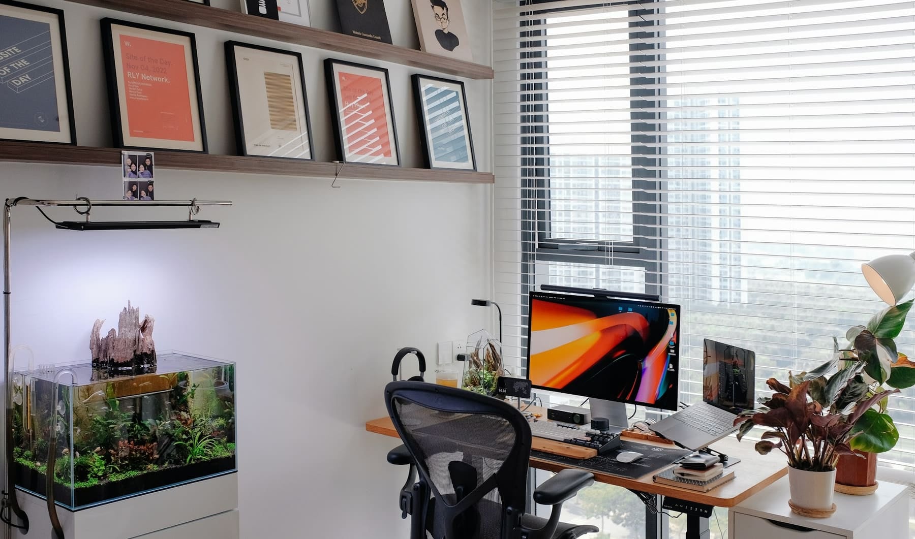 Aquascape posé sur un bureau lumineux face à la fenêtre