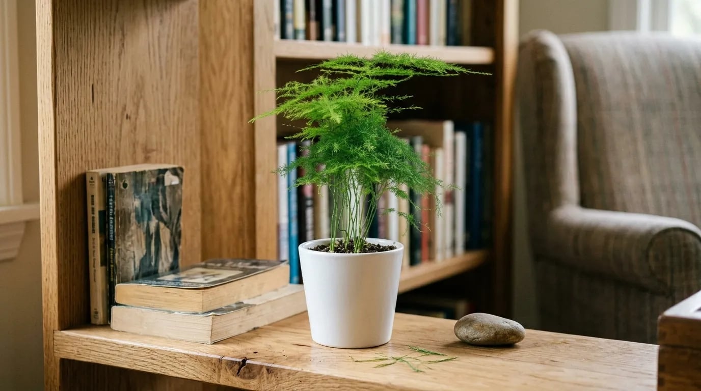 Esparraguera de follaje plumoso en una maceta blanca, sobre un estante de madera entre libros