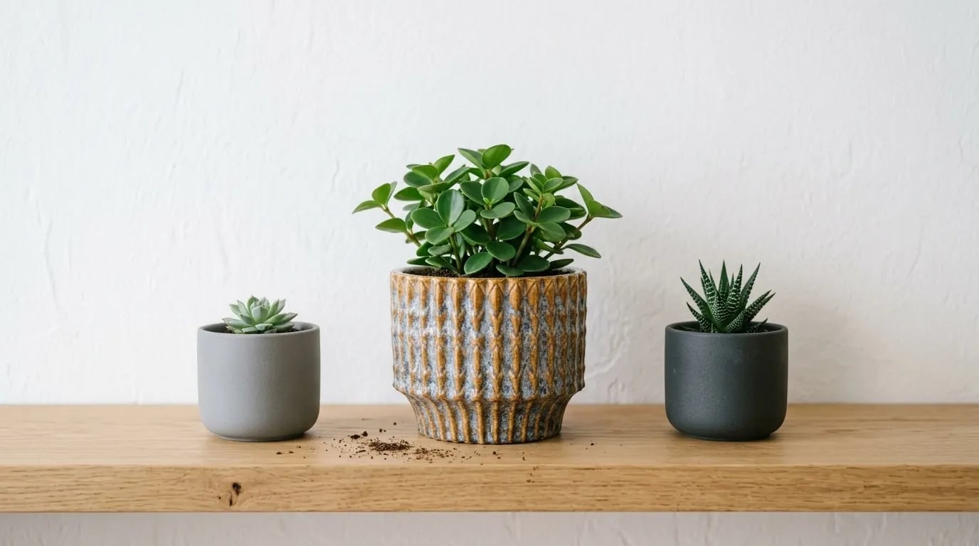 Maceta de cerámica rústica azul y marrón plantada con una peperomia, entre dos pequeñas macetas de bola gris y antracita plantadas con suculentas, vistas de frente
