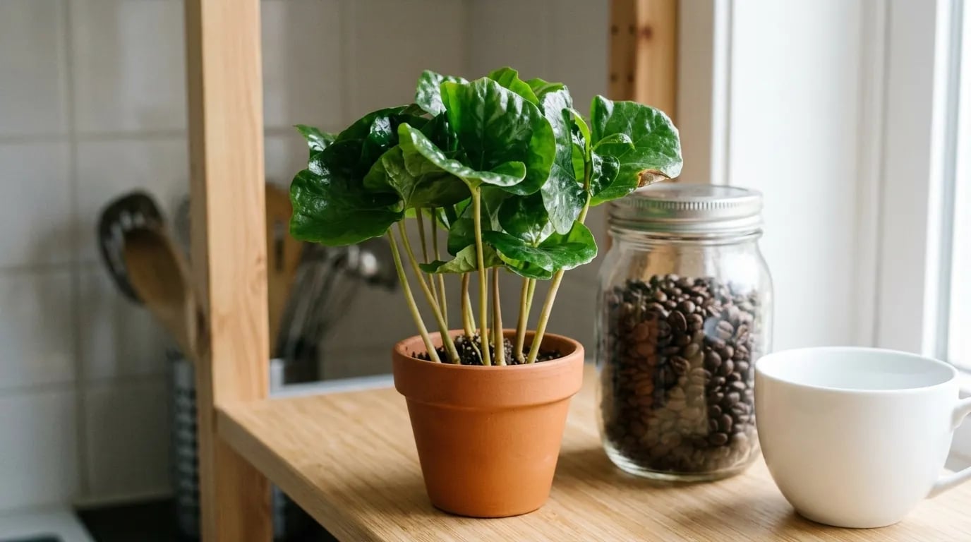 Cafeto joven de hojas verdes brillantes en una maceta de terracota, sobre un estante de cocina junto a un tarro de granos de café