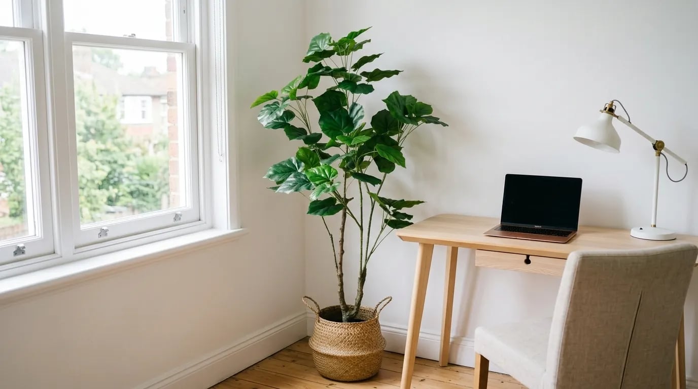 Ficus artificial en un cubremaceta de fibra trenzada, junto a un escritorio de madera clara en una habitación luminosa