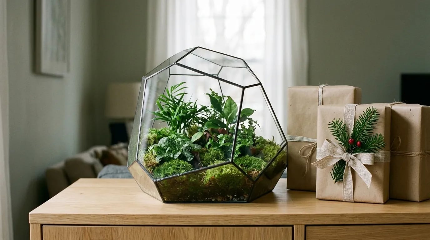 Terrario geométrico de vidrio plantado con plantas tropicales, sobre un aparador junto a dos regalos envueltos en papel kraft
