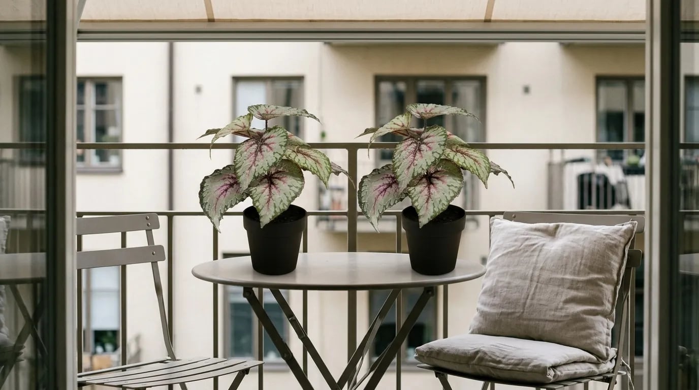 Dos begonias artificiales en maceta sobre una pequeña mesa de balcón de metal, a la sombra de un toldo