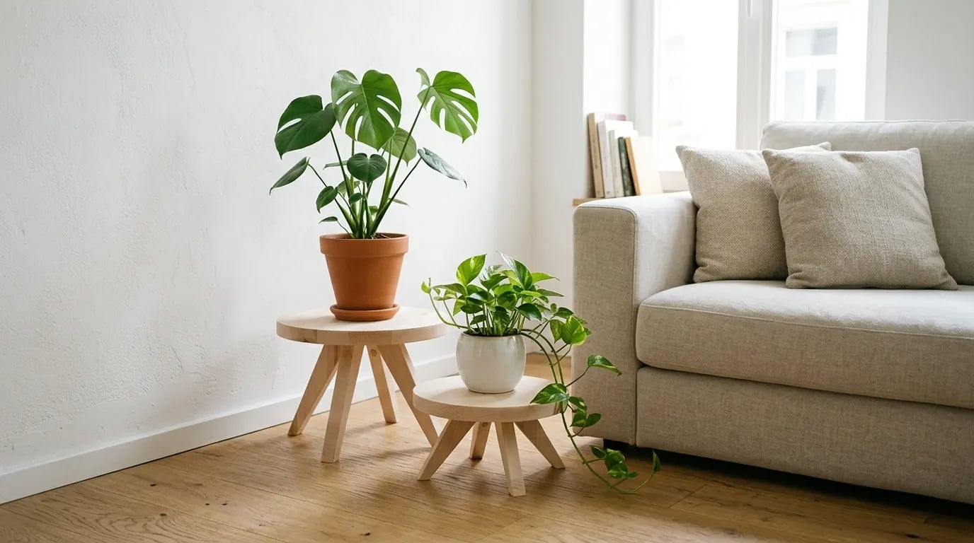Dos soportes redondos de madera de distintas alturas, con una monstera y un potos, en un rincón de un salón luminoso