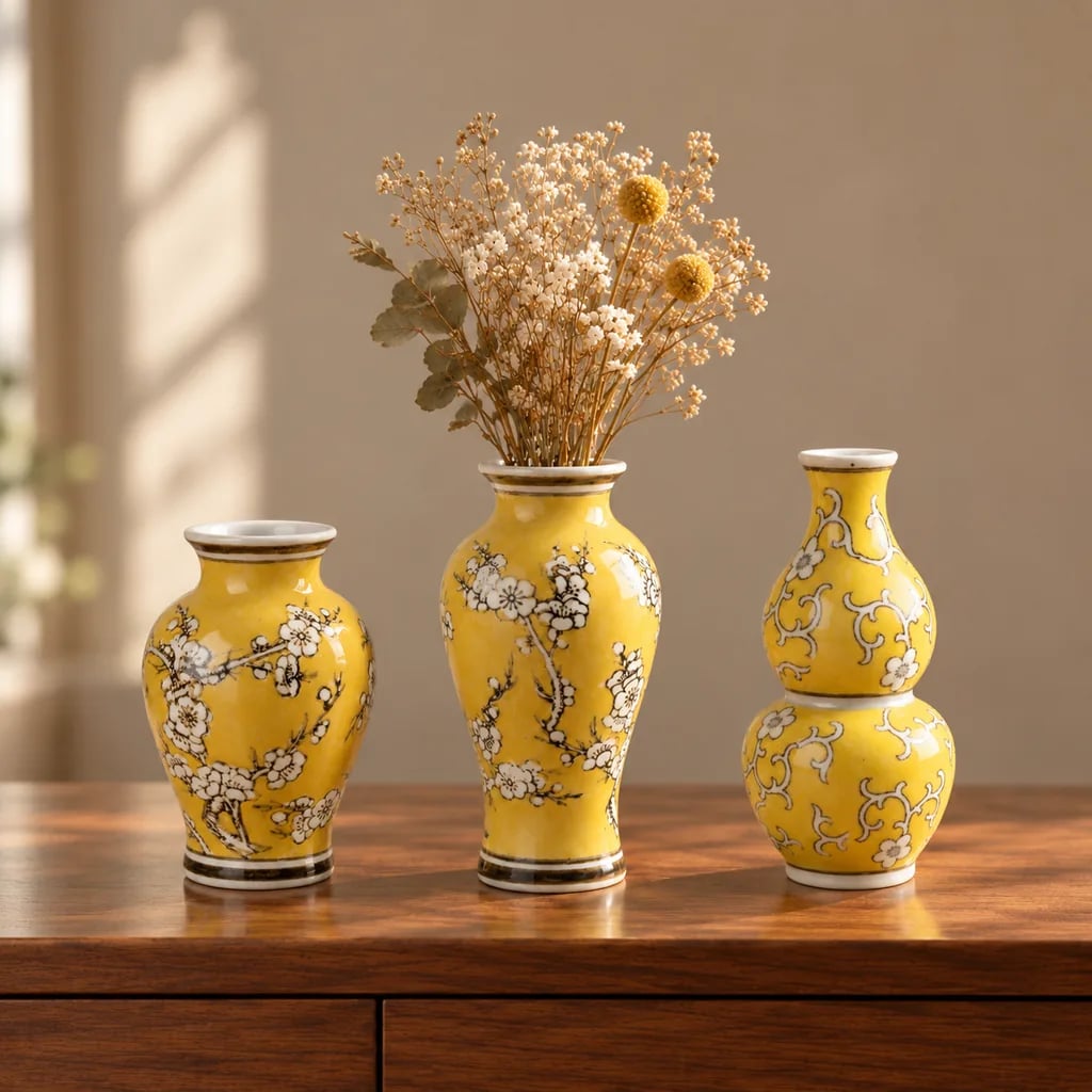 Trois vases en porcelaine jaune vus de face, celui du milieu garni de fleurs séchées