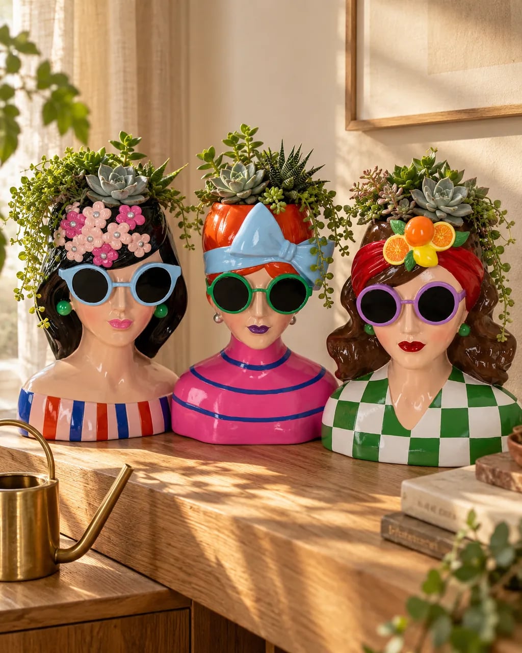 Trois vases visage vus de face, plantés de succulentes