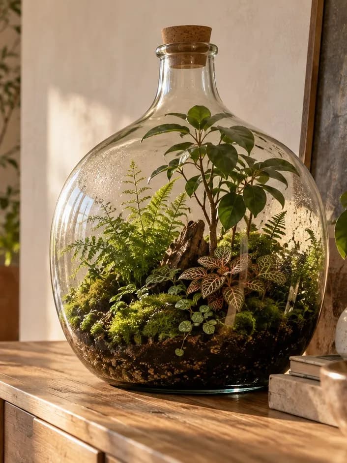 Une grande bonbonne de terrarium sur un buffet en bois, dans un salon ensoleillé