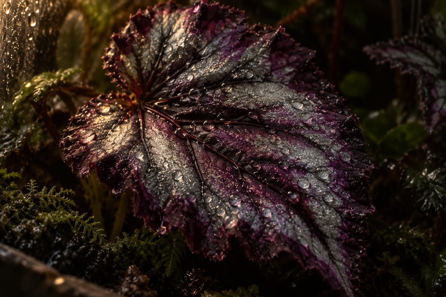 Feuille de bégonia rex aux reflets argentés et pourpres, perlée d'eau, dans un terrarium fermé
