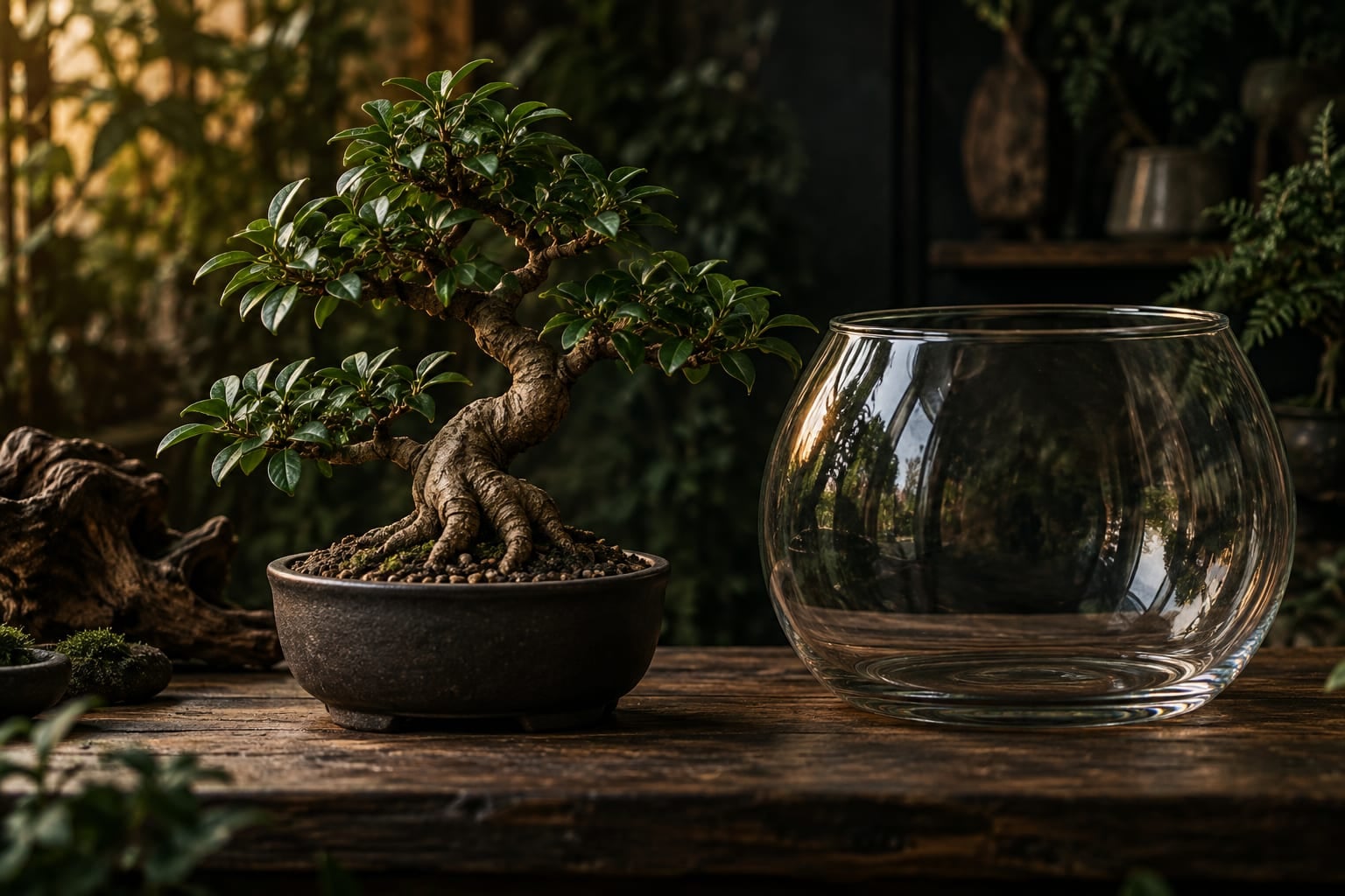 Petit bonsaï de ficus en pot à côté d’un contenant de verre ouvert