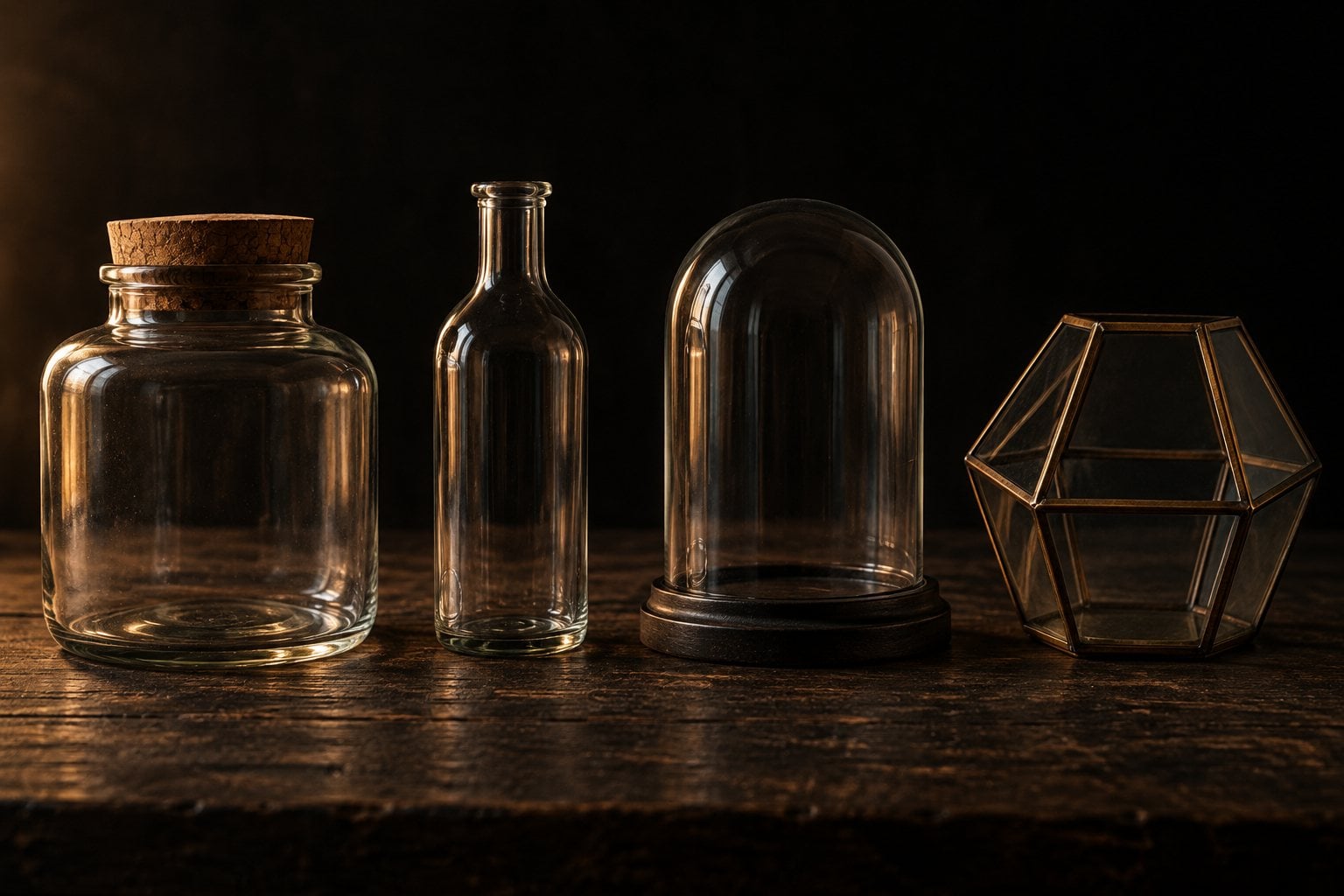Quatre contenants en verre vides côte à côte : bocal à bouchon de liège, bouteille, cloche sur socle et terrarium géométrique en laiton