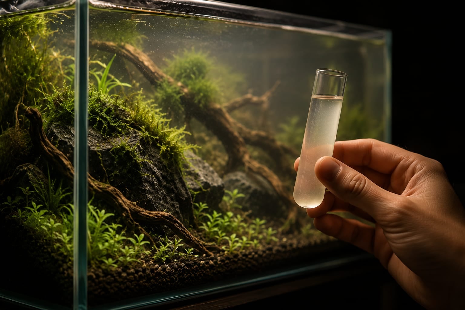 Main tenant un tube de test d'eau devant un nano-aquarium planté, l'eau encore trouble des premières semaines