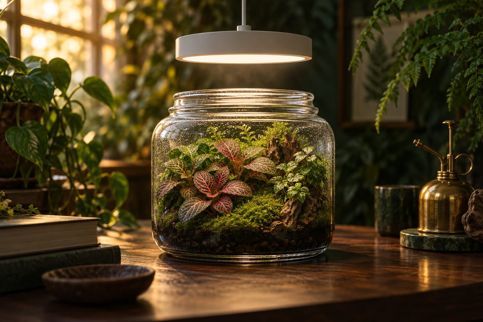 Terrarium de fittonias et de mousse sous une lampe LED extérieure au bocal