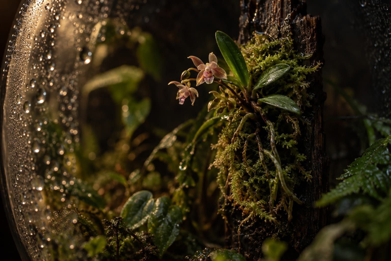 Orchidée miniature en fleur montée sur une plaque de bois couverte de sphaigne, dans un terrarium fermé