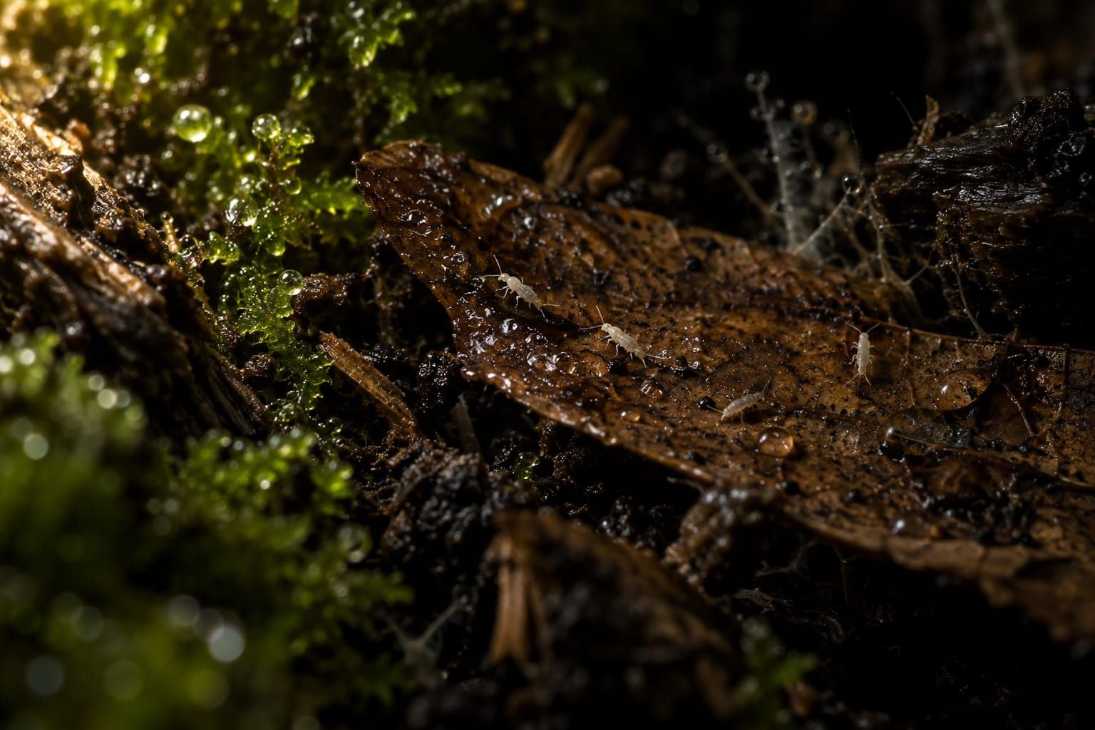 Collemboles blancs sur la litière de feuilles d'un terrarium bioactif, vus en macro