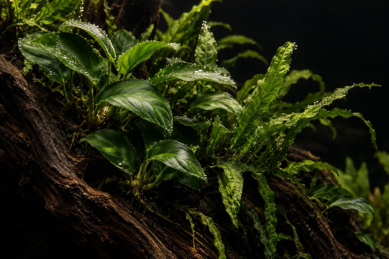 Anubias et fougères de Java fixées sur une racine de bois sombre, fines bulles d'oxygène sur les feuilles