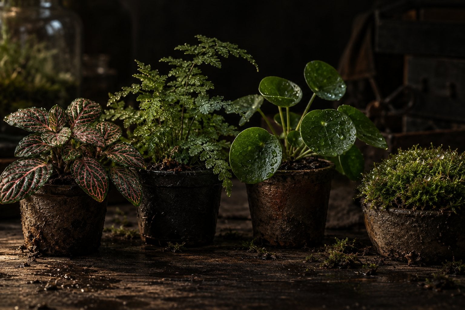 Fittonia, fougère, pilea et mousse en godets alignés sur une table en bois sombre, feuillage perlé d'eau