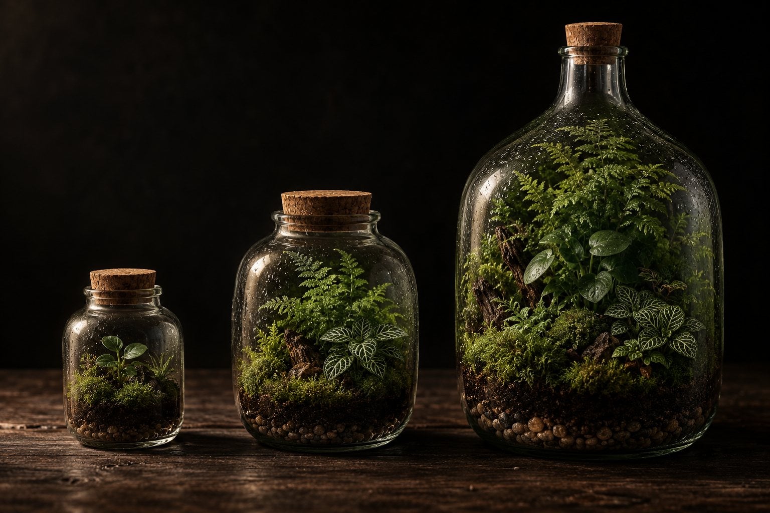 Trois terrariums plantés de tailles croissantes sur une table en bois sombre : petit bocal, bocal moyen et grande bonbonne