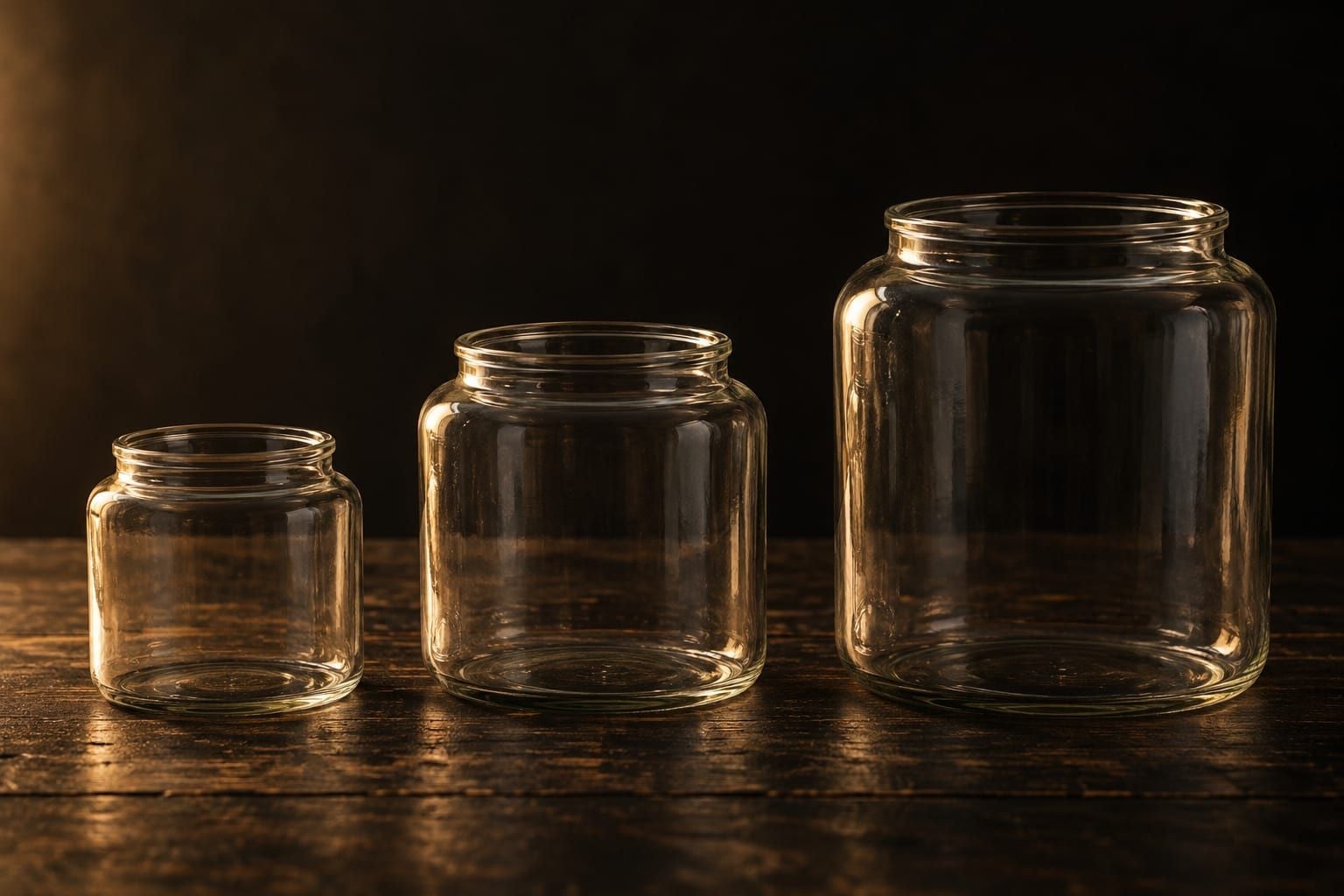 Trois bocaux de terrarium de volumes croissants alignés, du plus petit au plus grand, sur une table en bois