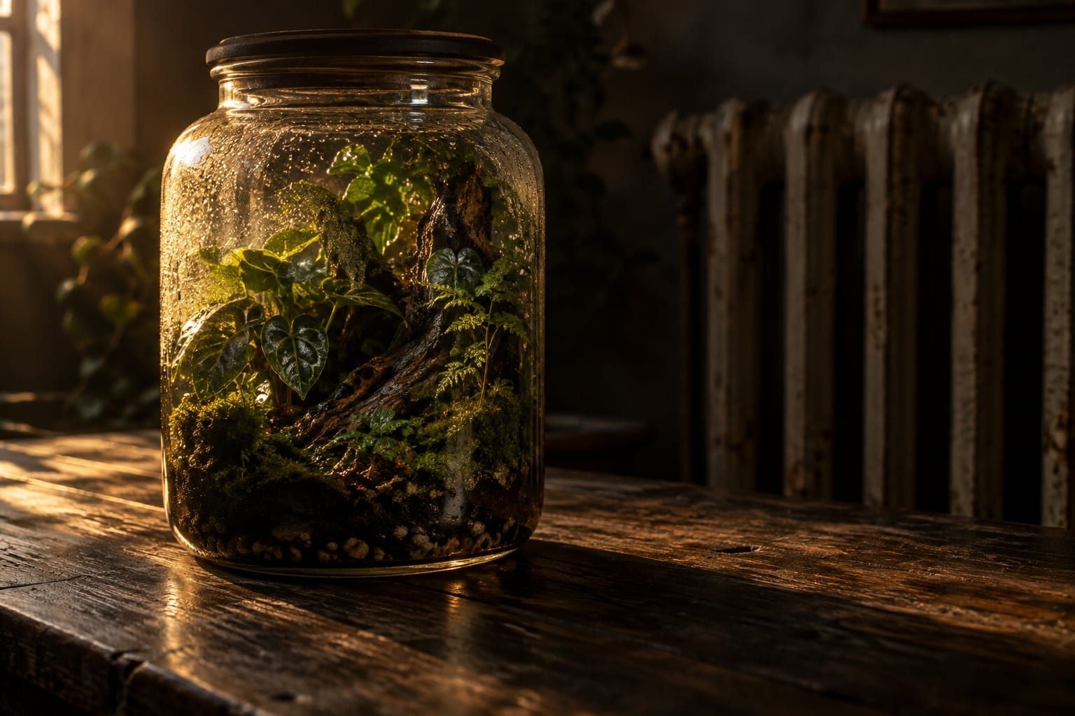 Terrarium fermé sur une table en bois, radiateur en arrière-plan flou, lumière rasante d'un après-midi d'hiver