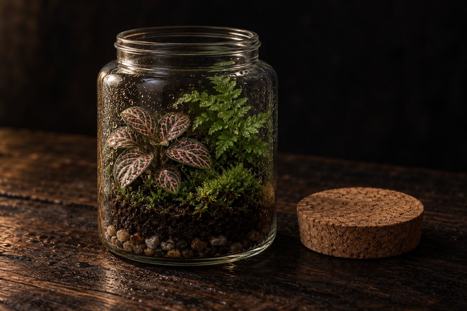 Petit terrarium tropical en bocal : fittonia aux nervures roses, fougère et mousse, couvercle en liège posé à côté